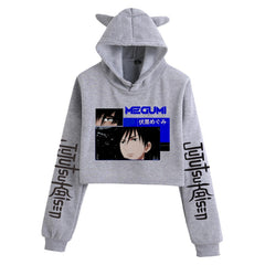 Anime Crop Hoodie With Cat Ears - Gray