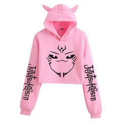 Anime Crop Hoodie With Cat Ears - Pink