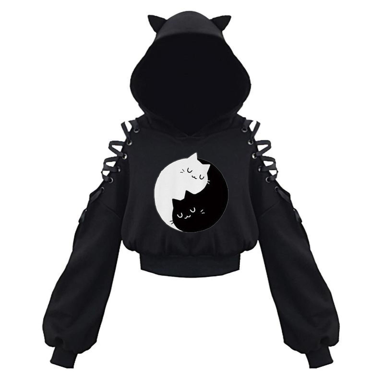 Black Cat Crop Hoodie With Ears