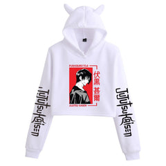 Anime Crop Hoodie With Cat Ears - White