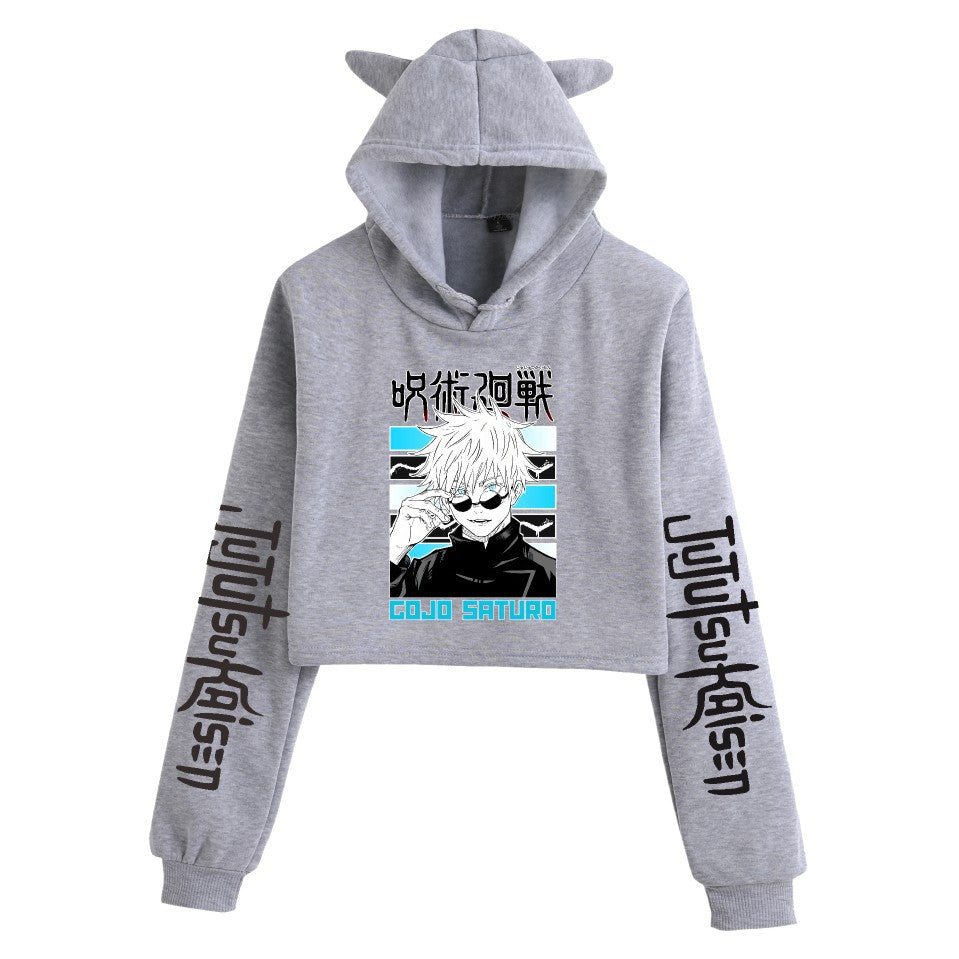 Anime Crop Hoodie With Cat Ears - Gray