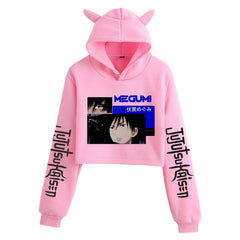 Anime Crop Hoodie With Cat Ears - Pink