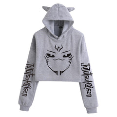 Anime Crop Hoodie With Cat Ears - Gray