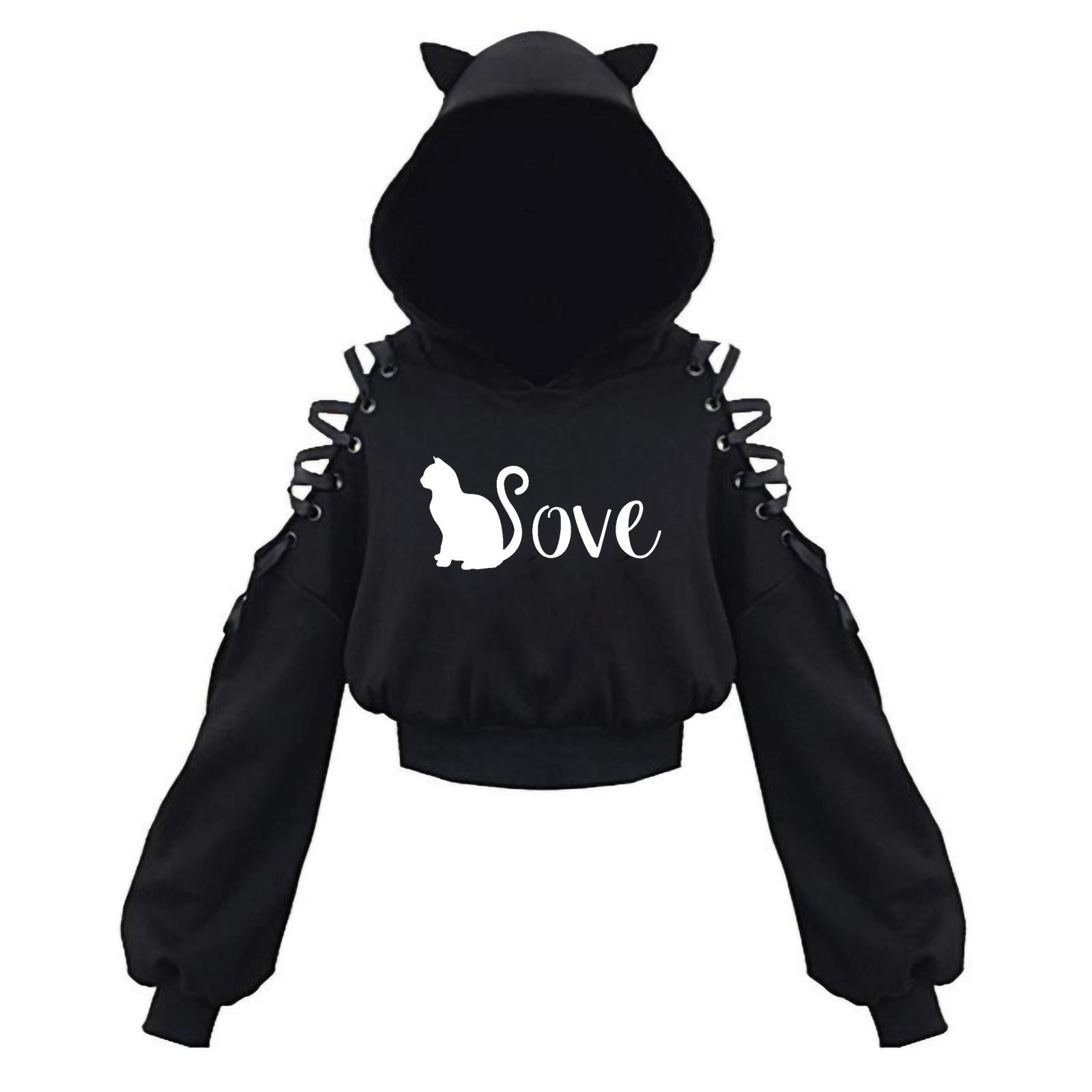 Black Cat Crop Hoodie With Ears