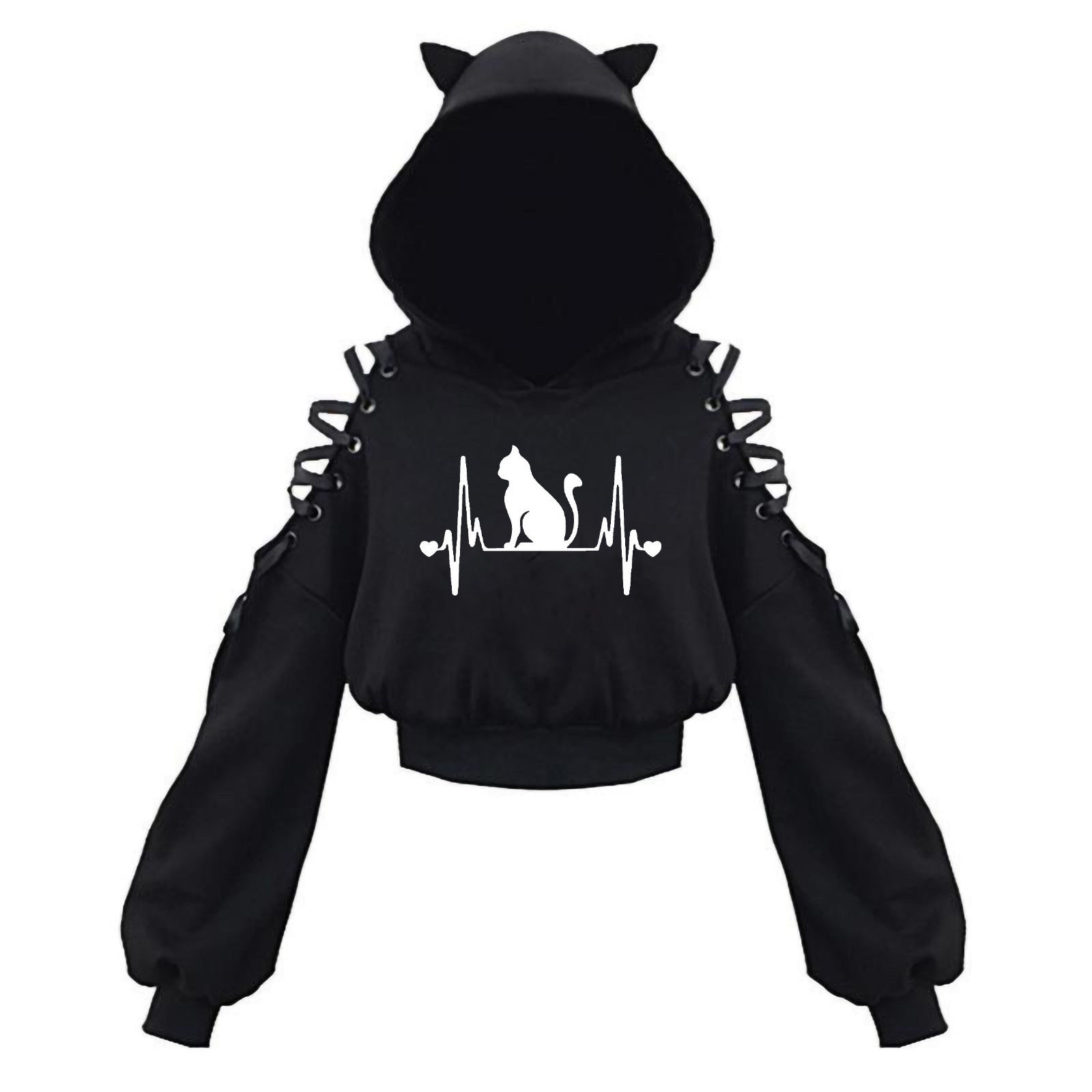 Black Cat Crop Hoodie With Ears