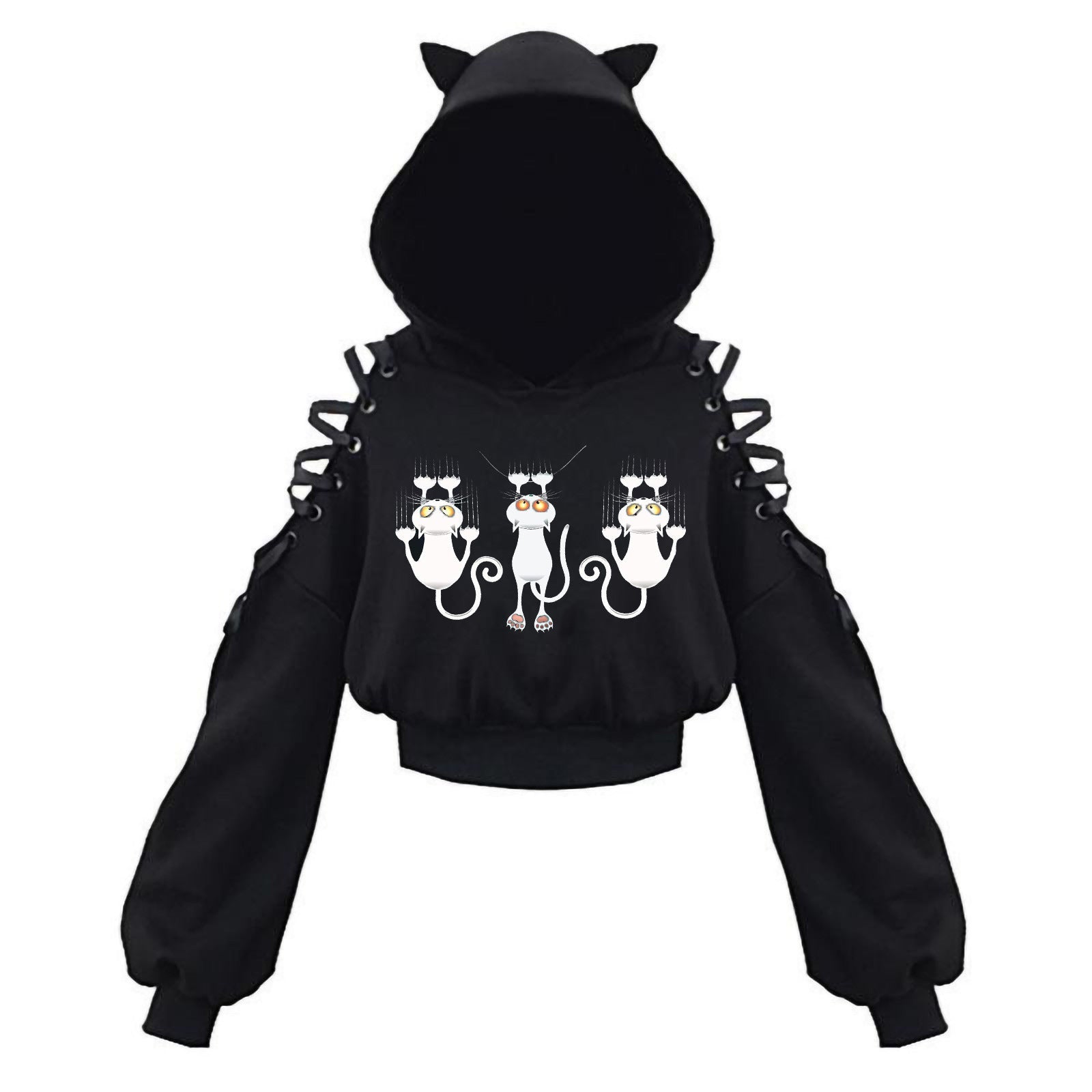 Black Cat Crop Hoodie With Ears