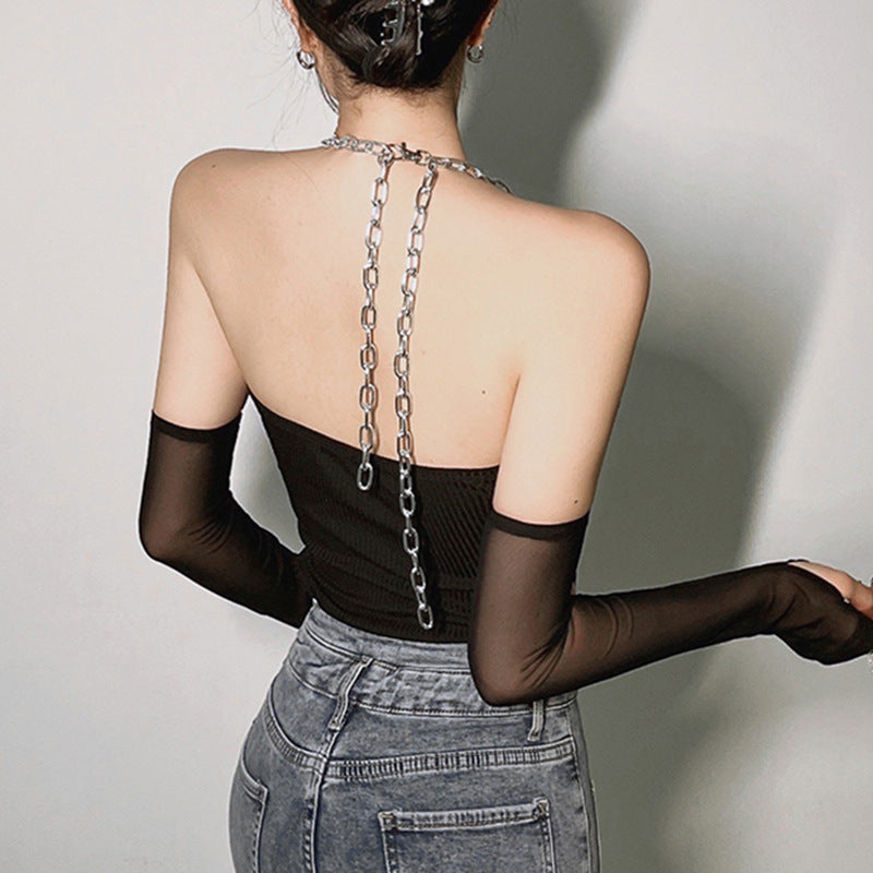 Black Halterneck Bodysuit With Chain Straps