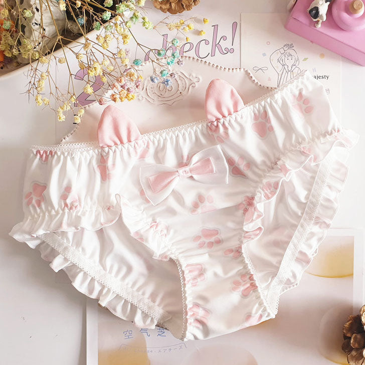 Cute Cat Paw Print Panties With Ears