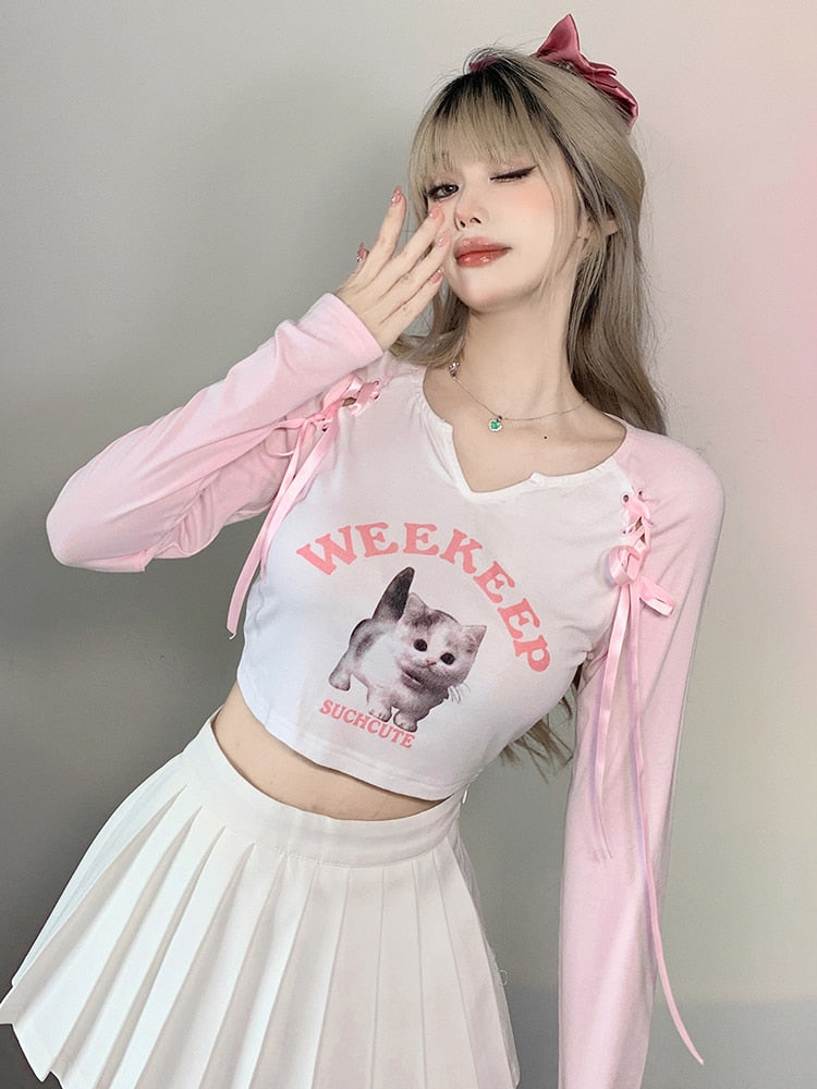 Cute Cat Print Patchwork Cropped Top - Kaysmar