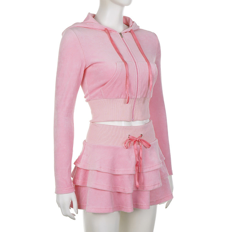 Pink Crop Top Hoodie & Skirt Two Piece Set