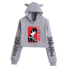 Anime Crop Hoodie With Cat Ears - Gray