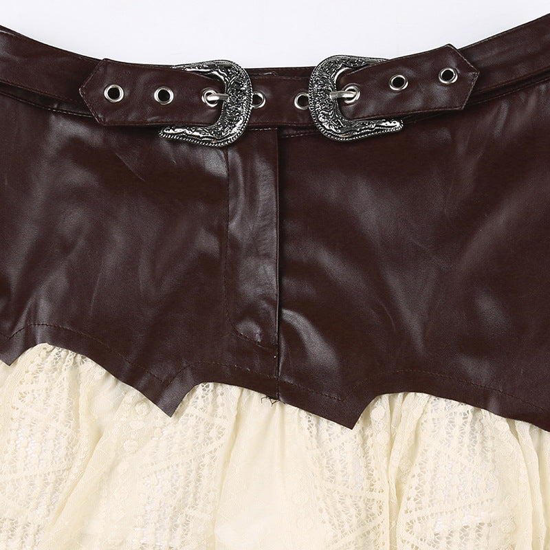 Dark Brown Leather Lace Irregular Skirt