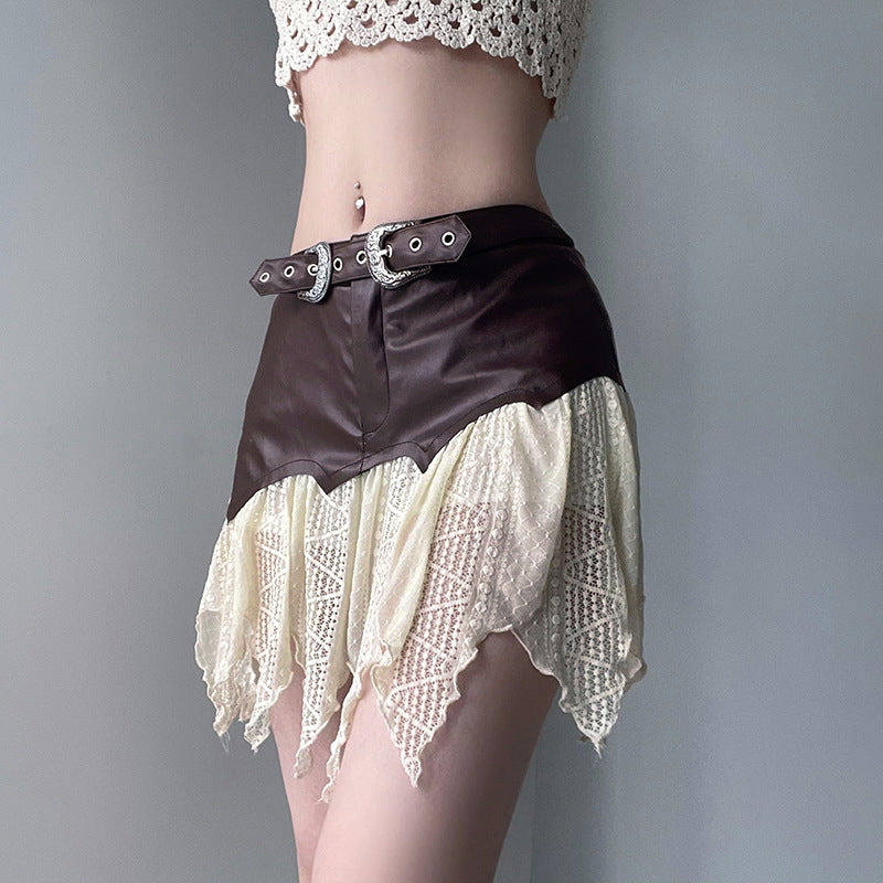 Dark Brown Leather Lace Irregular Skirt