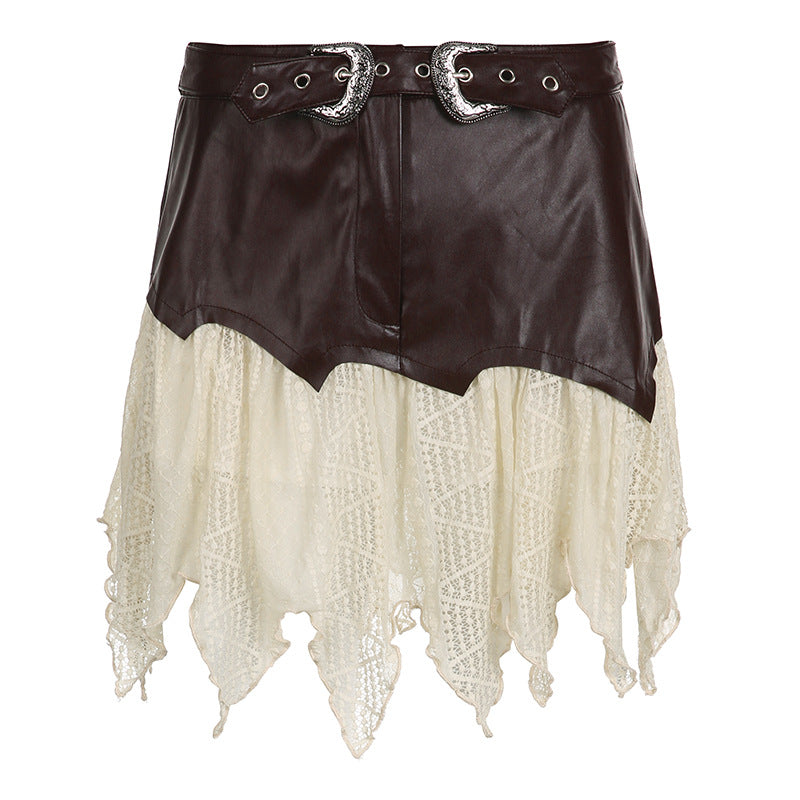 Dark Brown Leather Lace Irregular Skirt