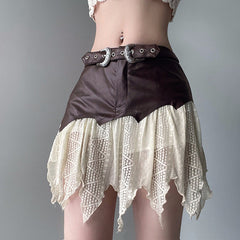 Dark Brown Leather Lace Irregular Skirt