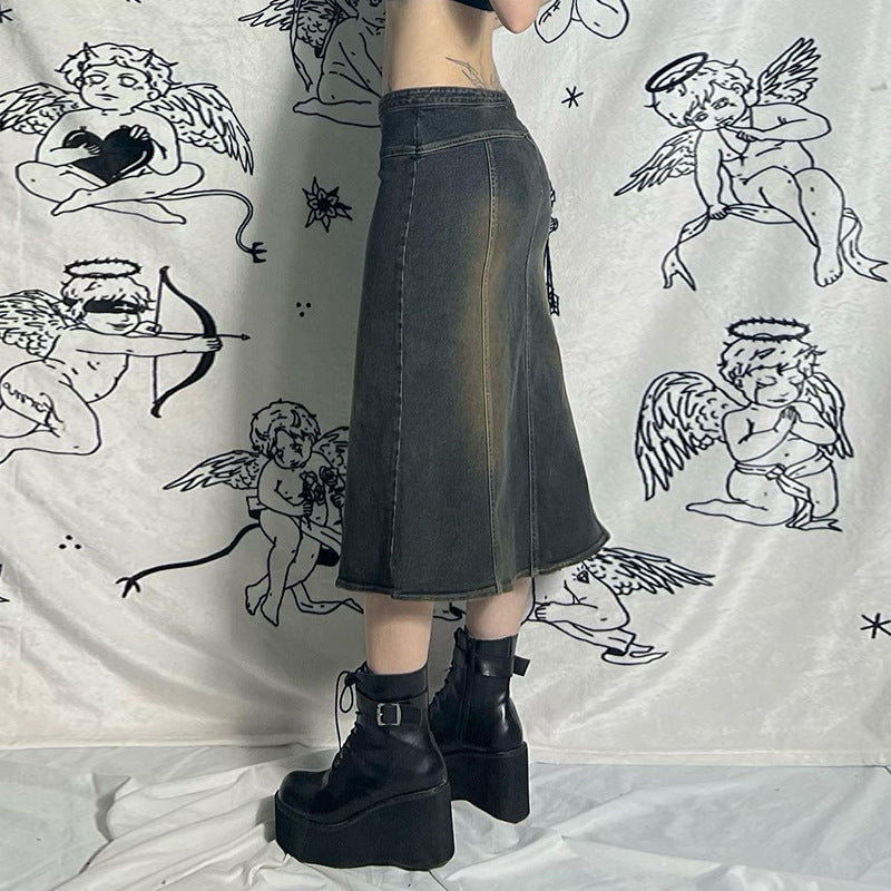 Acid Wash Midi Denim Skirt