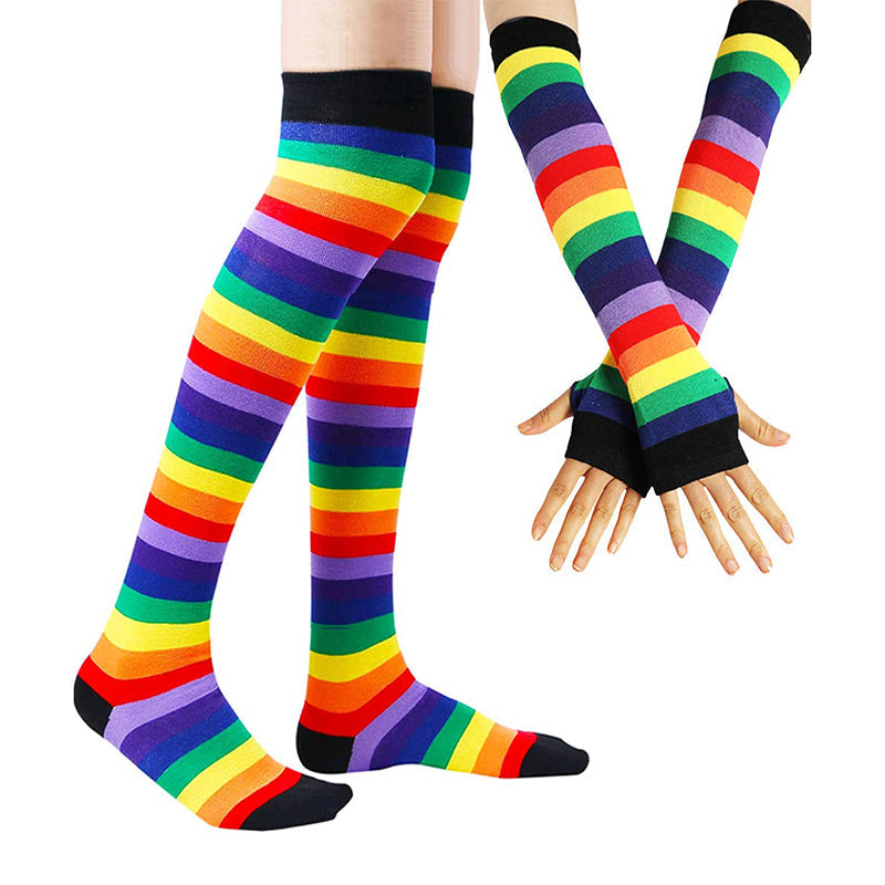 Rainbow Thigh High Socks Gloves Set