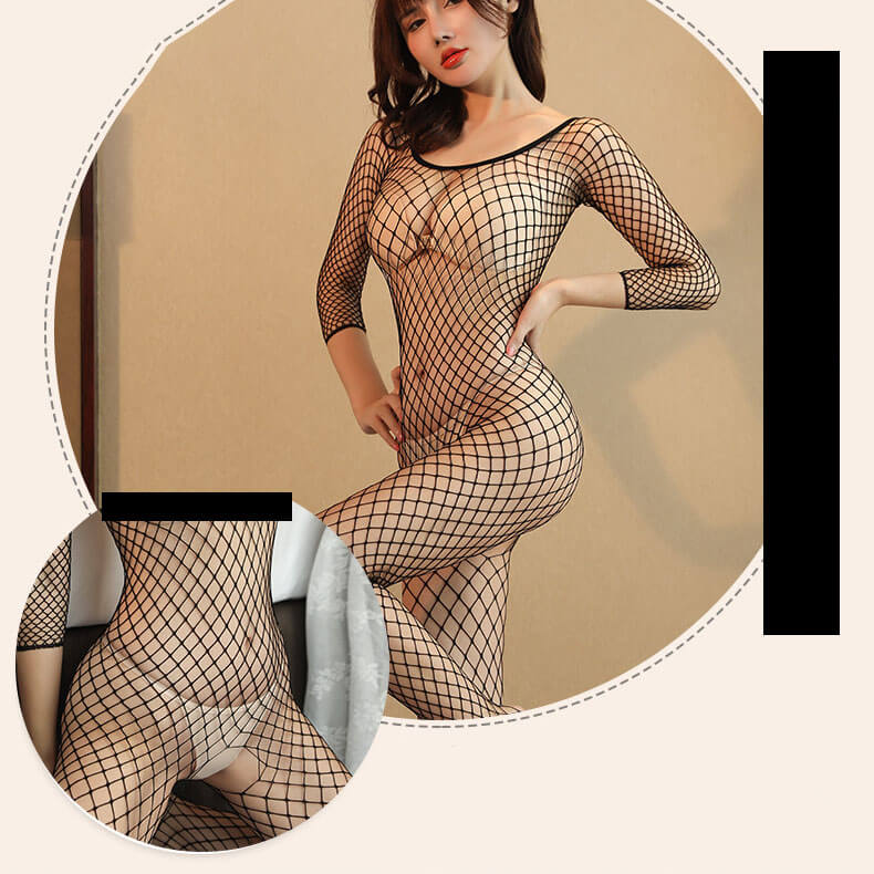 Black Long Sleeve Crotchless Fishnet Bodystocking