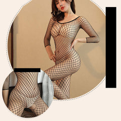 Black Long Sleeve Crotchless Fishnet Bodystocking