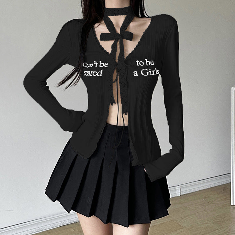 Slim Long Sleeve Tie Front Top