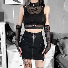 Gothic Skull Black Sleeveless Crop Top