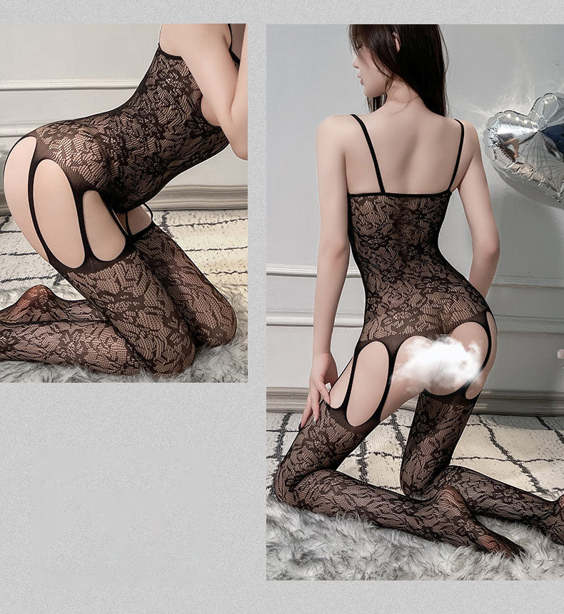 Sexy Black Floral Lace Cutout Halter Bodystocking