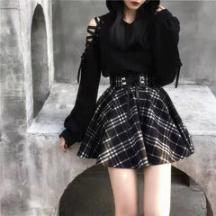 High Waisted Black And White Plaid Skirt