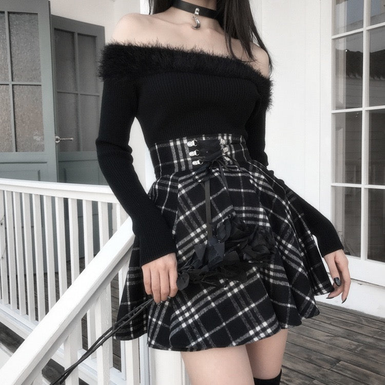 High Waisted Black And White Plaid Skirt