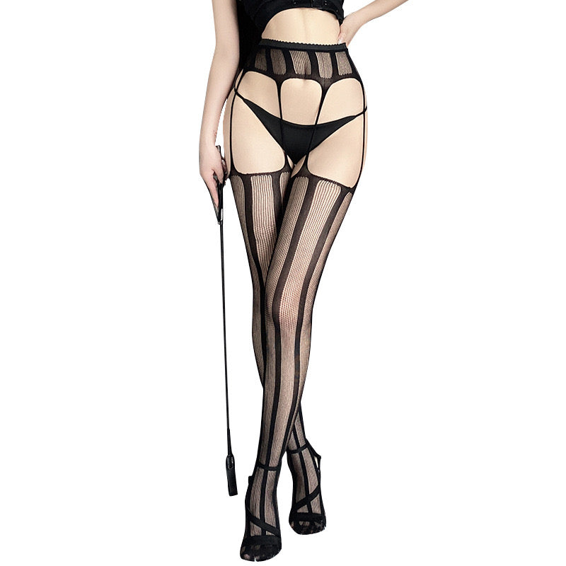 Black Striped Suspender Pantyhose