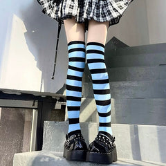 Blue And Black Striped Thigh High Socks