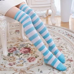 Blue And White Striped Thigh High Socks