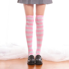 White And Pink Striped Thigh High Socks