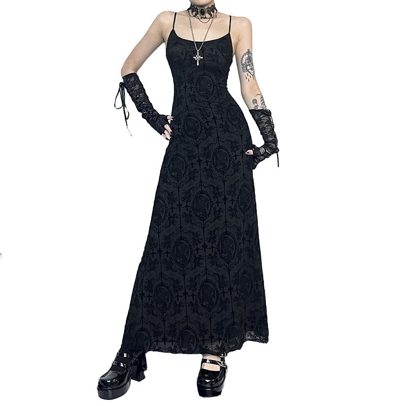 Gothic Black Cross Print Sleeveless Maxi Dress