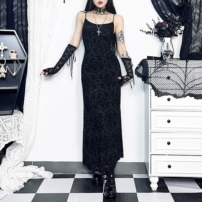 Gothic Black Cross Print Sleeveless Maxi Dress