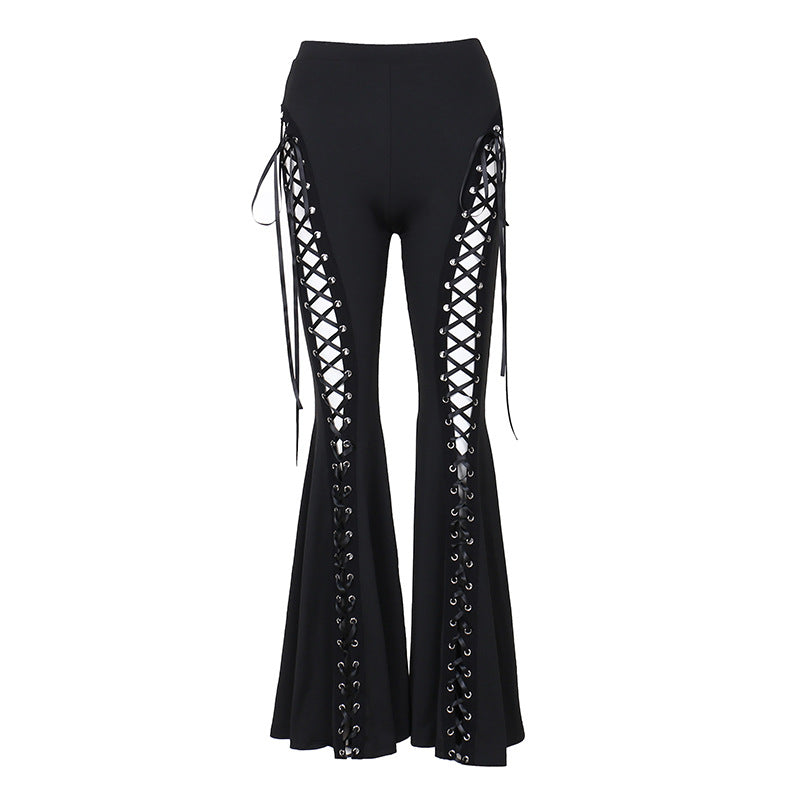 Gothic Black Lace Up Flare Pants