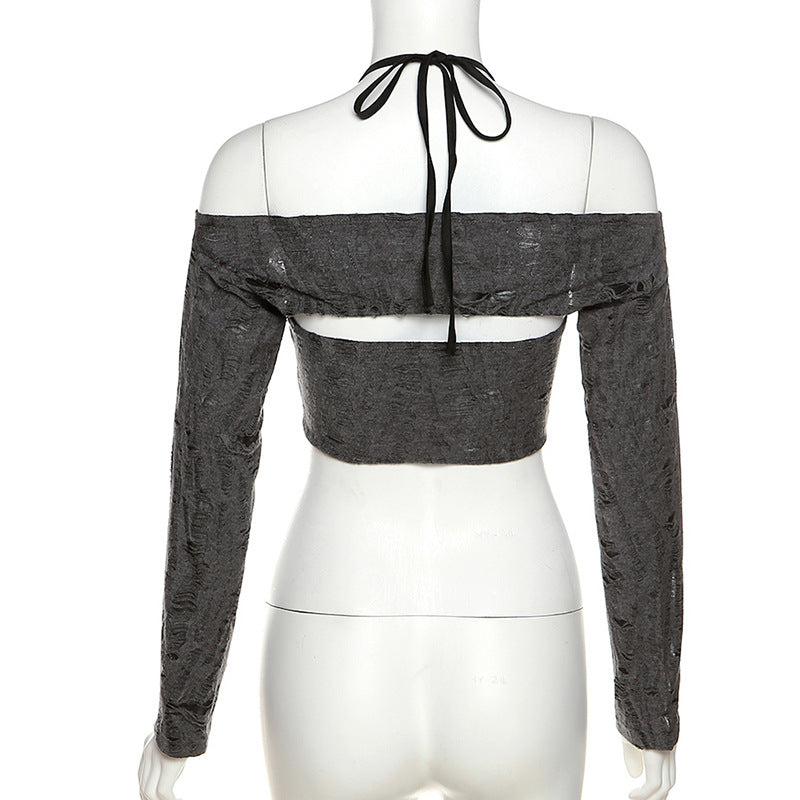 Grey Long Sleeve Off Shoulder Crop Top