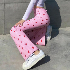 Harajuku Pink Heart Print Y2k Sweatpants