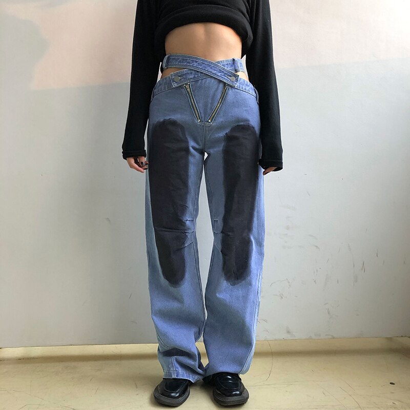 Korean Hollow Out Waist Baggy Jeans