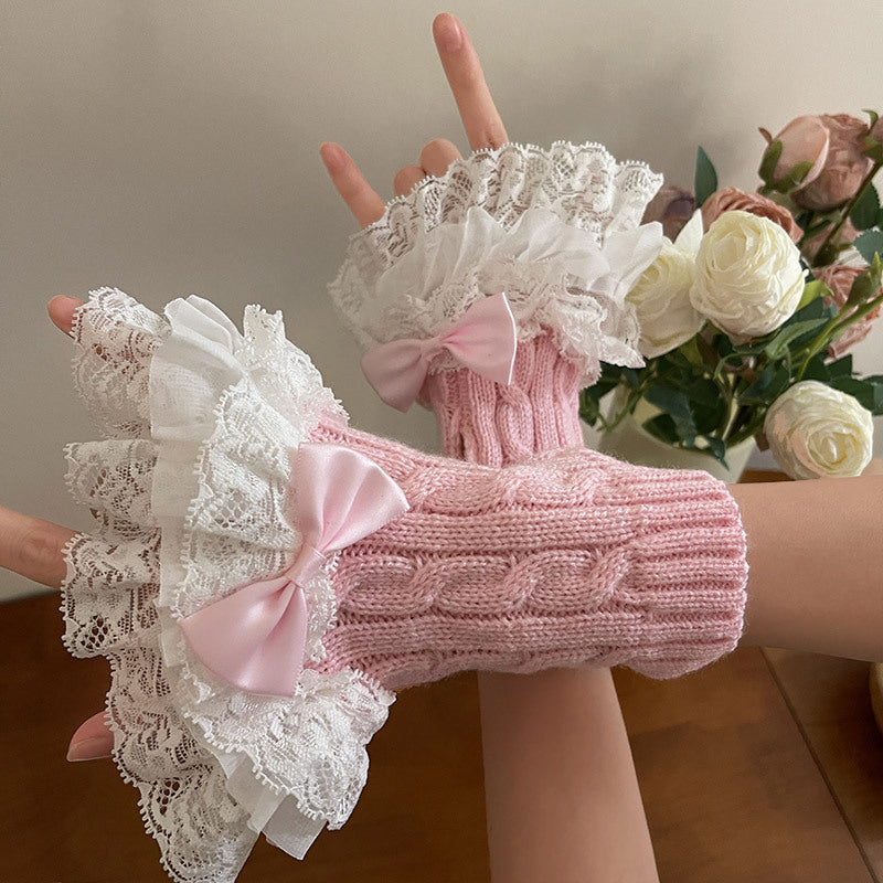 Lace Bow Knit Fingerless Gloves