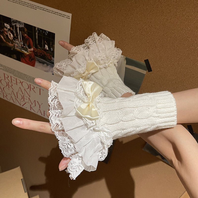 Lace Bow Knit Fingerless Gloves