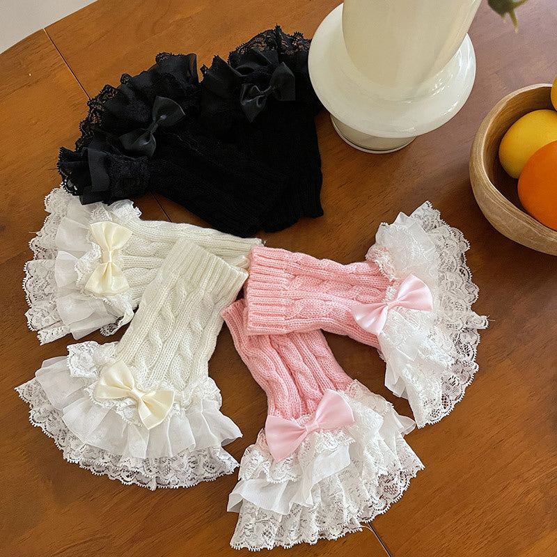 Lace Bow Knit Fingerless Gloves