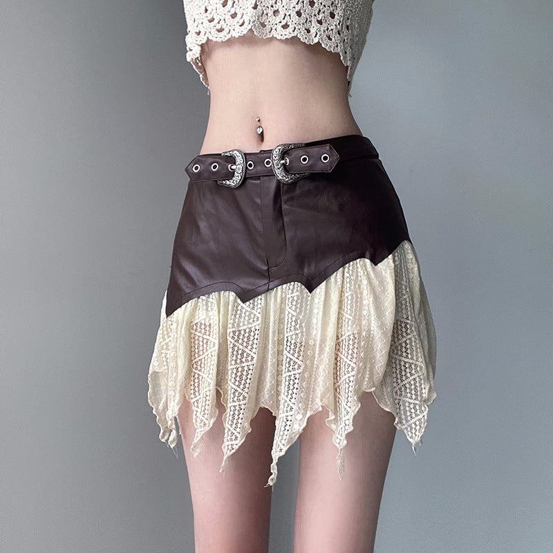 Dark Brown Leather Lace Irregular Skirt