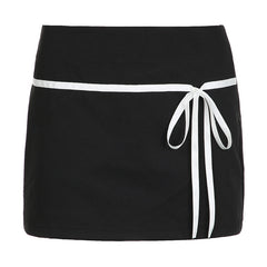 High Waist Black Skirt With Ribbon Bowknot