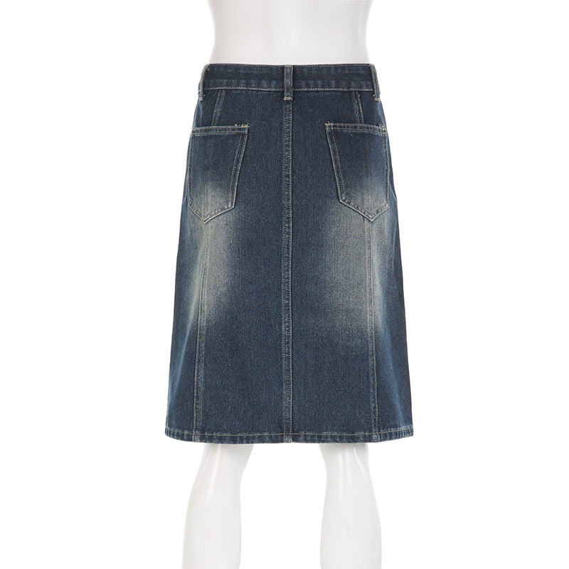 Low Rise Midi Denim Skirt