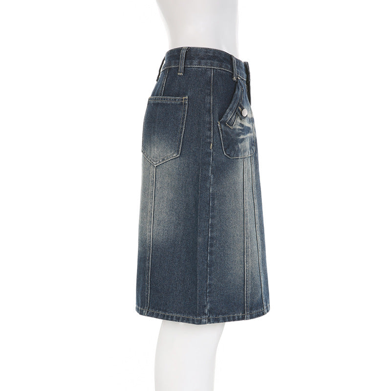 Low Rise Midi Denim Skirt