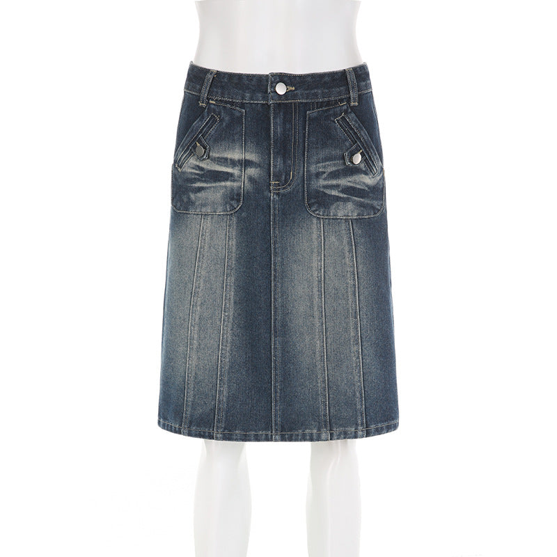 Low Rise Midi Denim Skirt