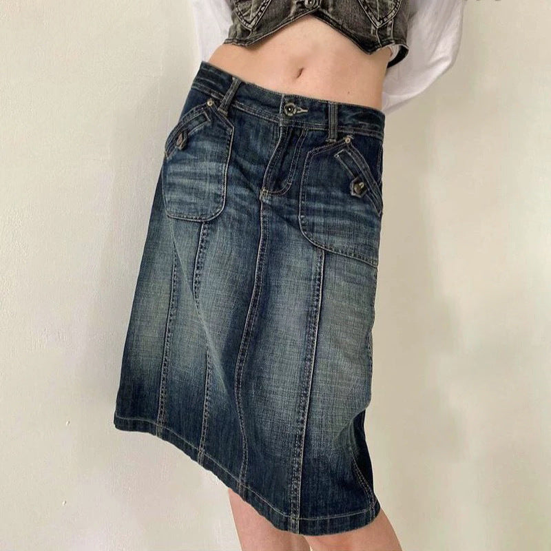 Low Rise Midi Denim Skirt