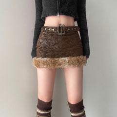 Mini Brown Leather Fur Skirt