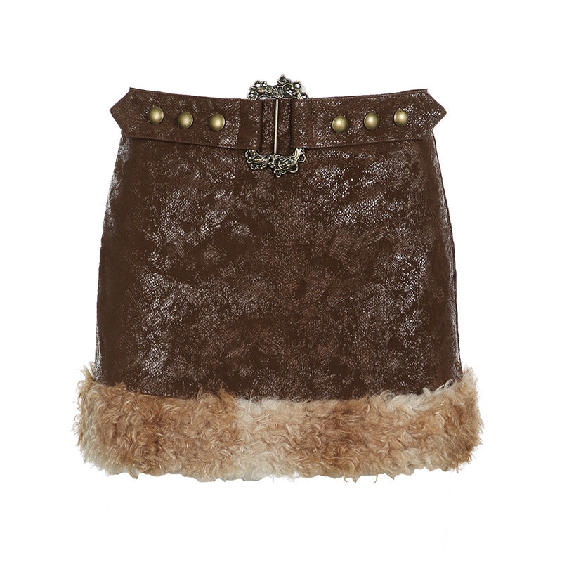 Mini Brown Leather Fur Skirt