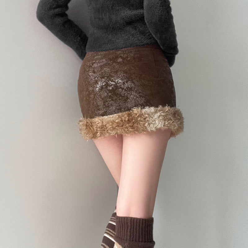 Mini Brown Leather Fur Skirt